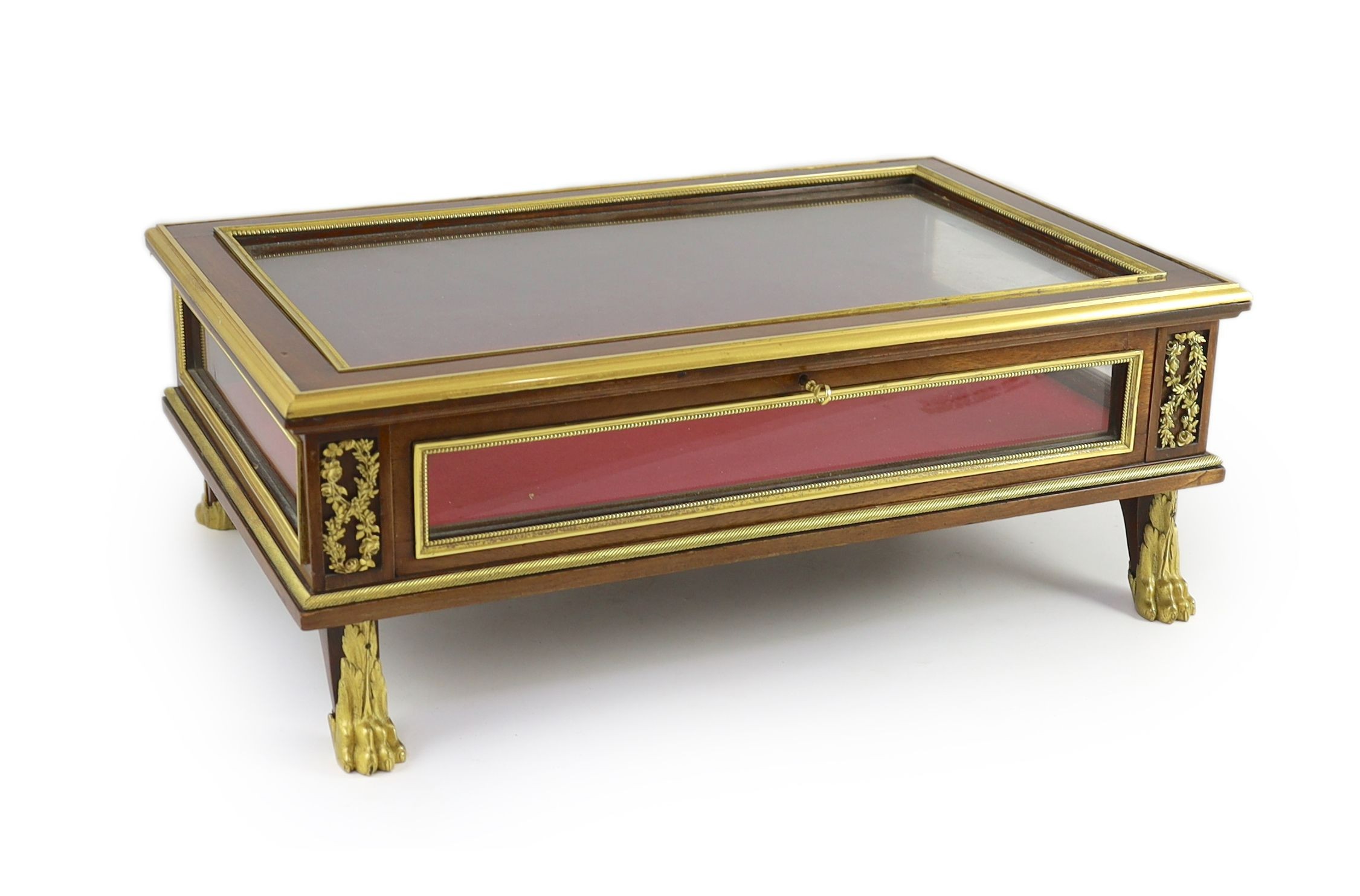 An early 20th century French ormolu mounted mahogany table top bijouterie cabinet, W.50cm D.33cm H.18cm
